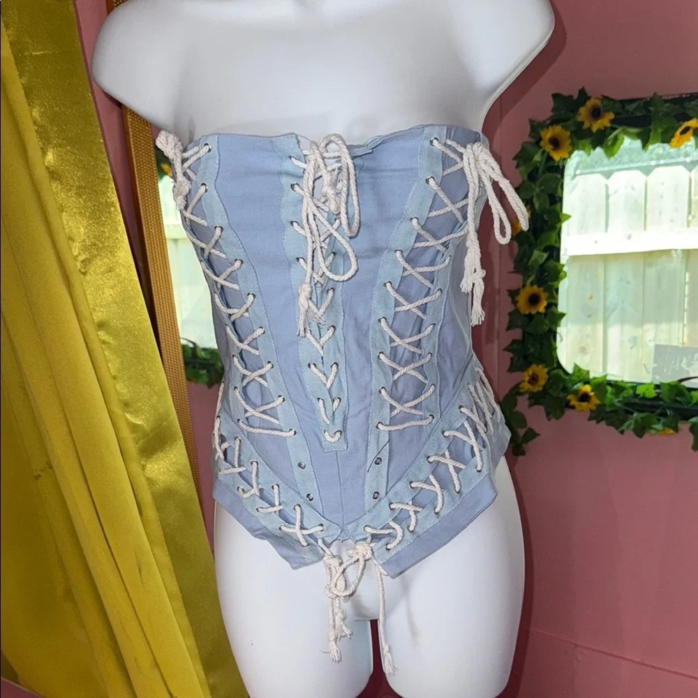 Light Blue Lace-Up Corset Top - Picture 1 of 9